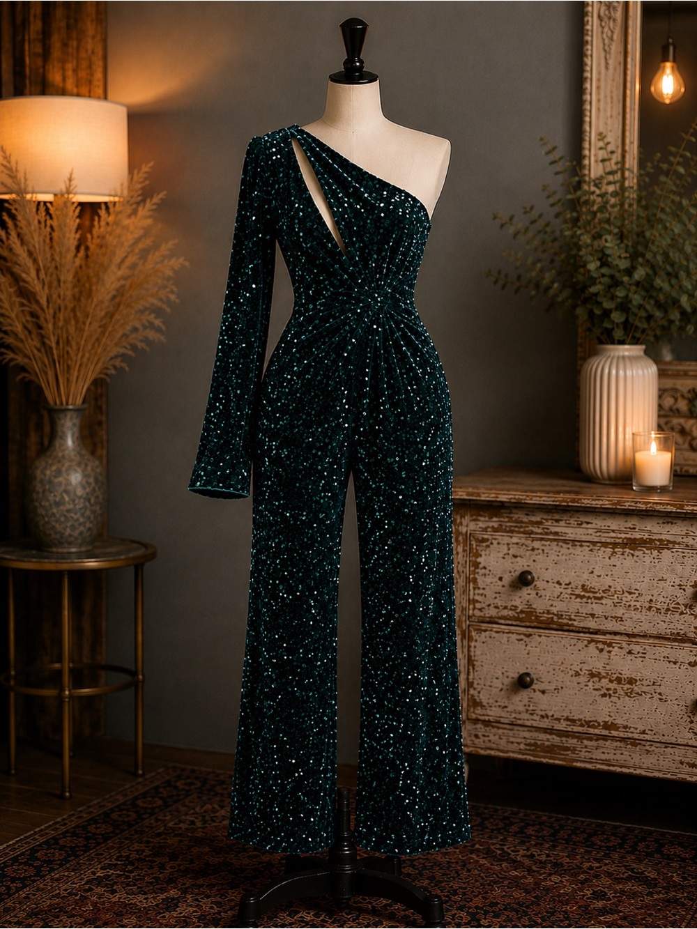 Fashion Nova One-Shoulder Emerald Sequin Jumpsuit